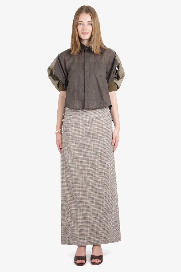 SACAI RTW Contrast S/S Check Crop Front Shirt | Brown/Taupe