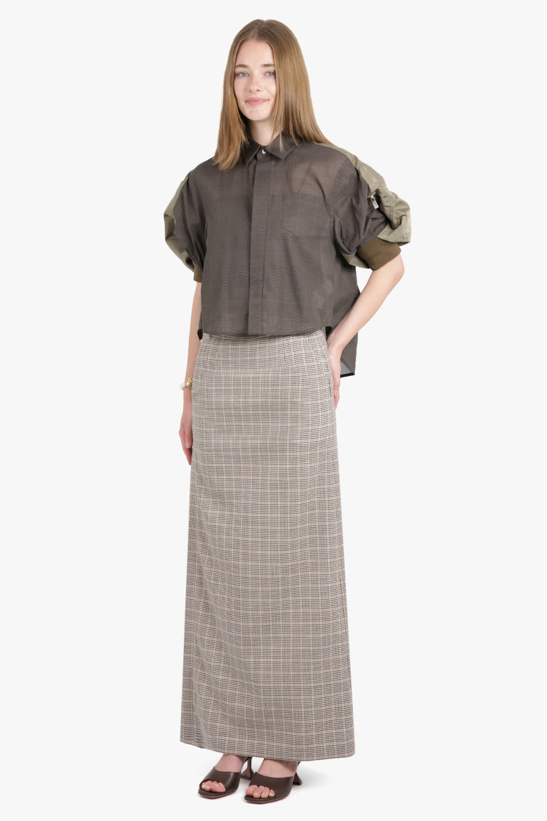 SACAI RTW Contrast S/S Check Crop Front Shirt | Brown/Taupe