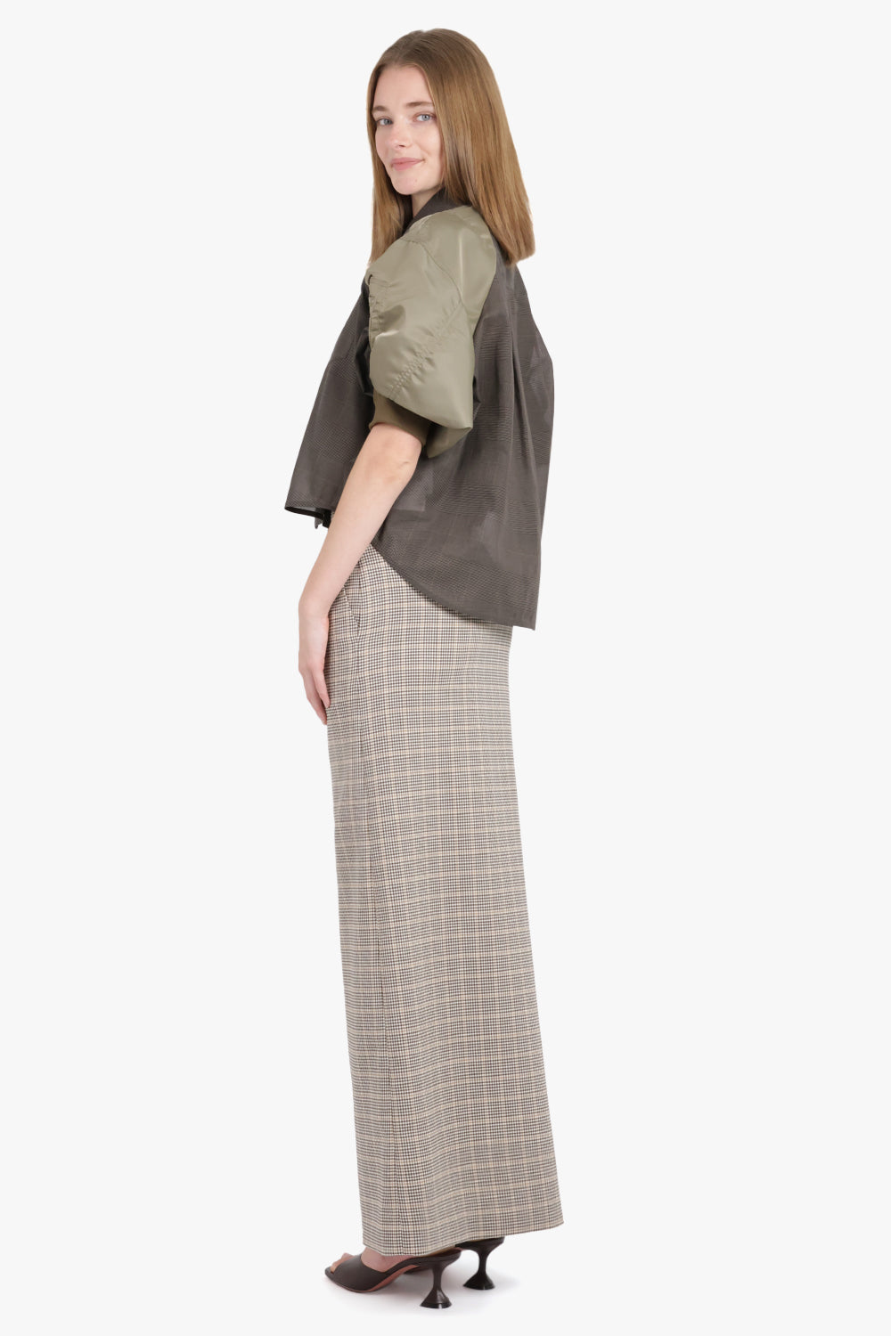 SACAI RTW Contrast S/S Check Crop Front Shirt | Brown/Taupe