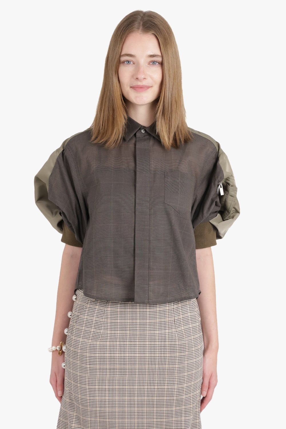 SACAI RTW Contrast S/S Check Crop Front Shirt | Brown/Taupe