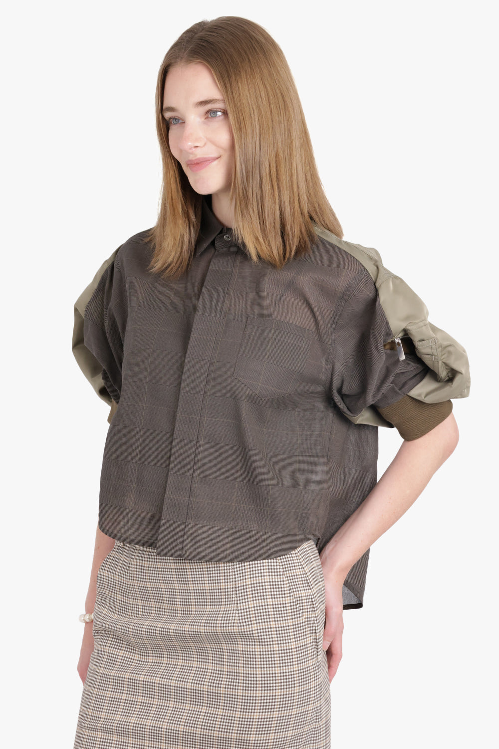 SACAI RTW Contrast S/S Check Crop Front Shirt | Brown/Taupe