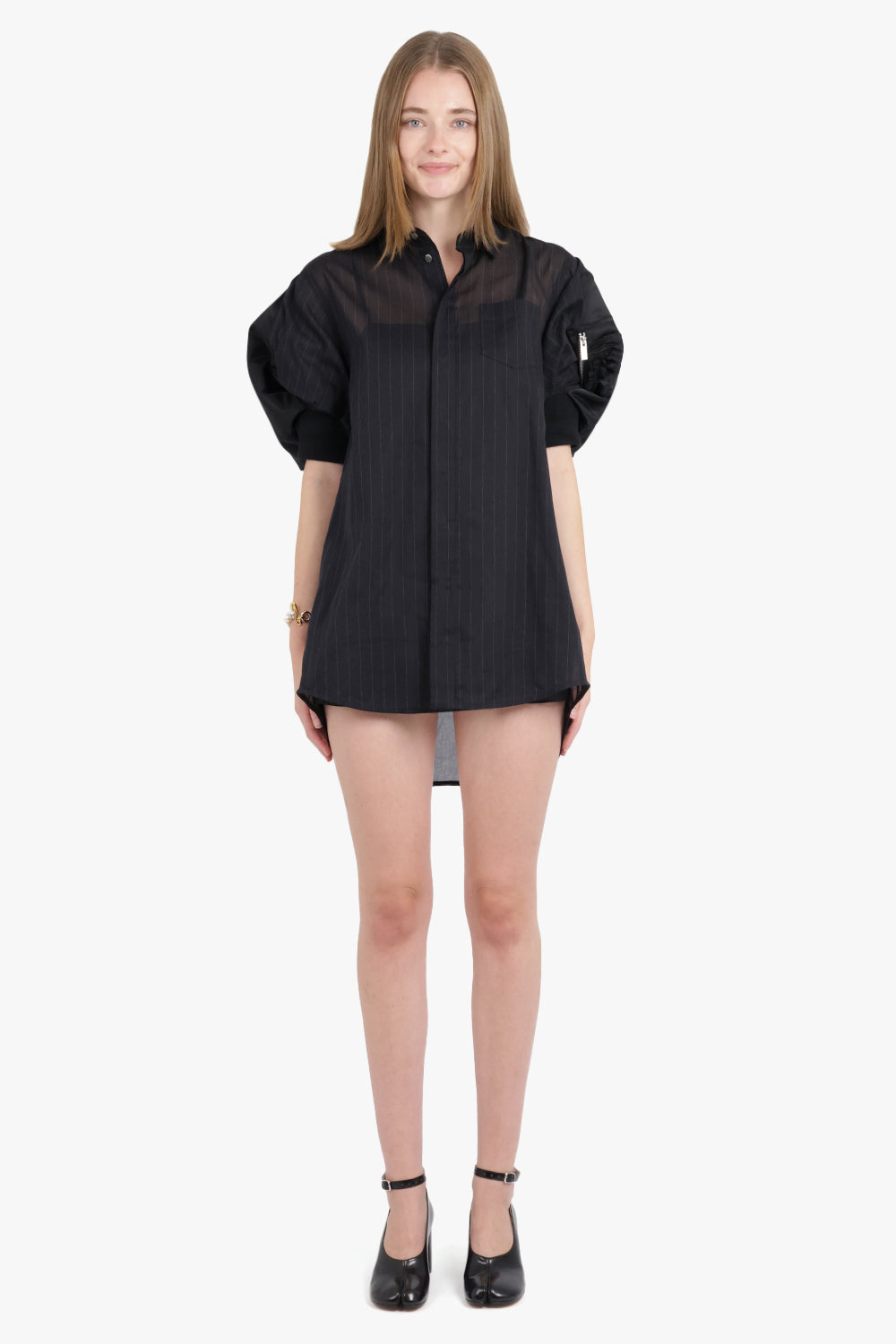 SACAI RTW Contrast S/S Stripe Shirt Dress | Black