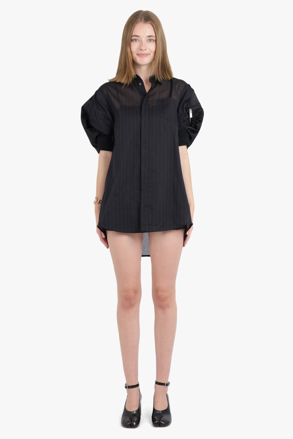 SACAI RTW Contrast S/S Stripe Shirt Dress | Black