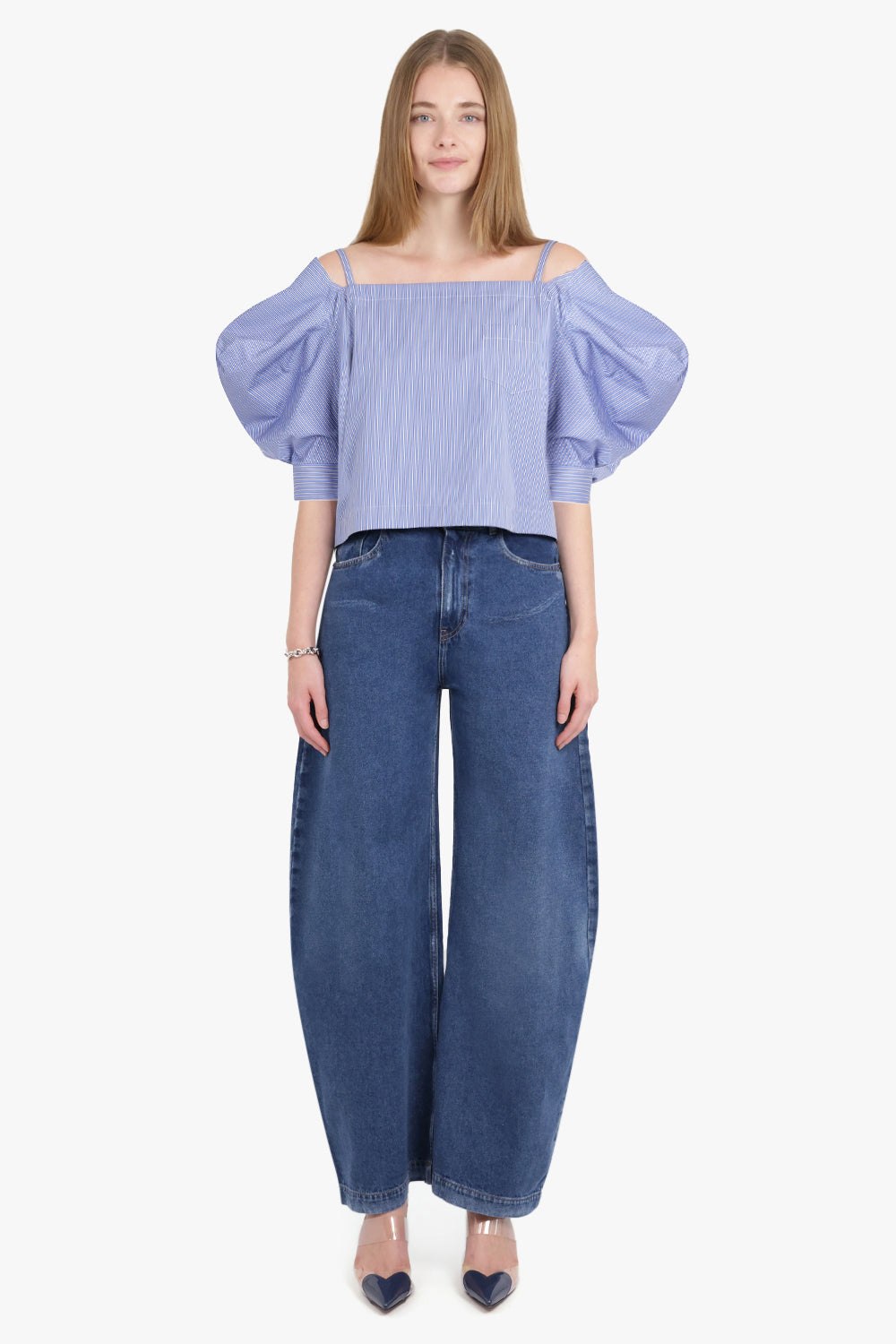 SACAI RTW Off Shoulder Stripe Top With Exaggerated Wing Sleeve | Blue