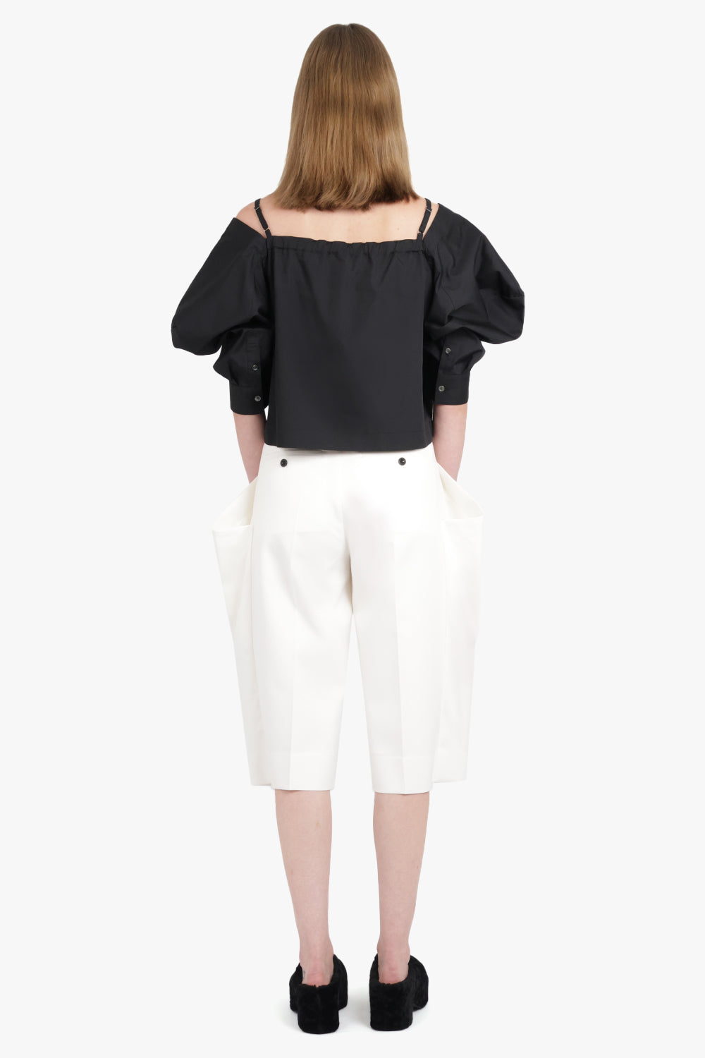 SACAI RTW Off Shoulder Top With Exaggerated Wing Sleeve | Black