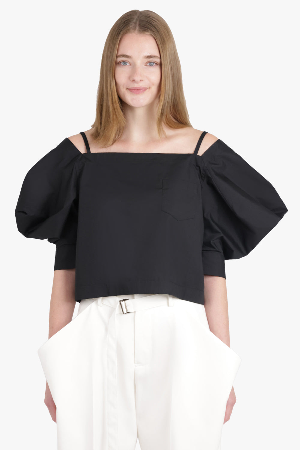 SACAI RTW Off Shoulder Top With Exaggerated Wing Sleeve | Black