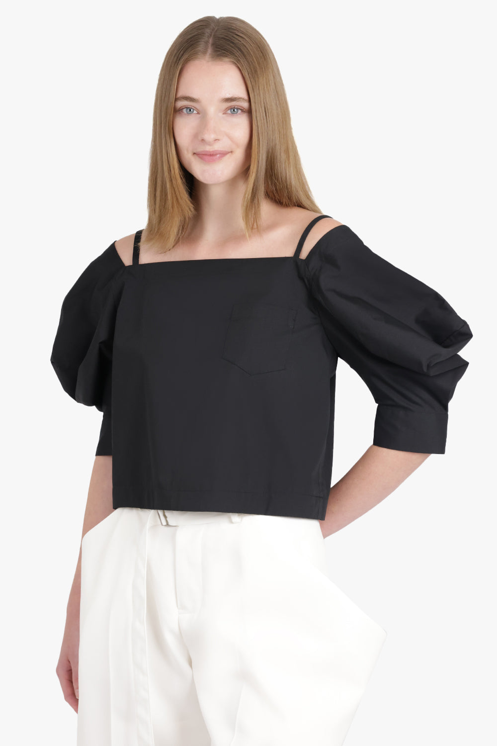 SACAI RTW Off Shoulder Top With Exaggerated Wing Sleeve | Black