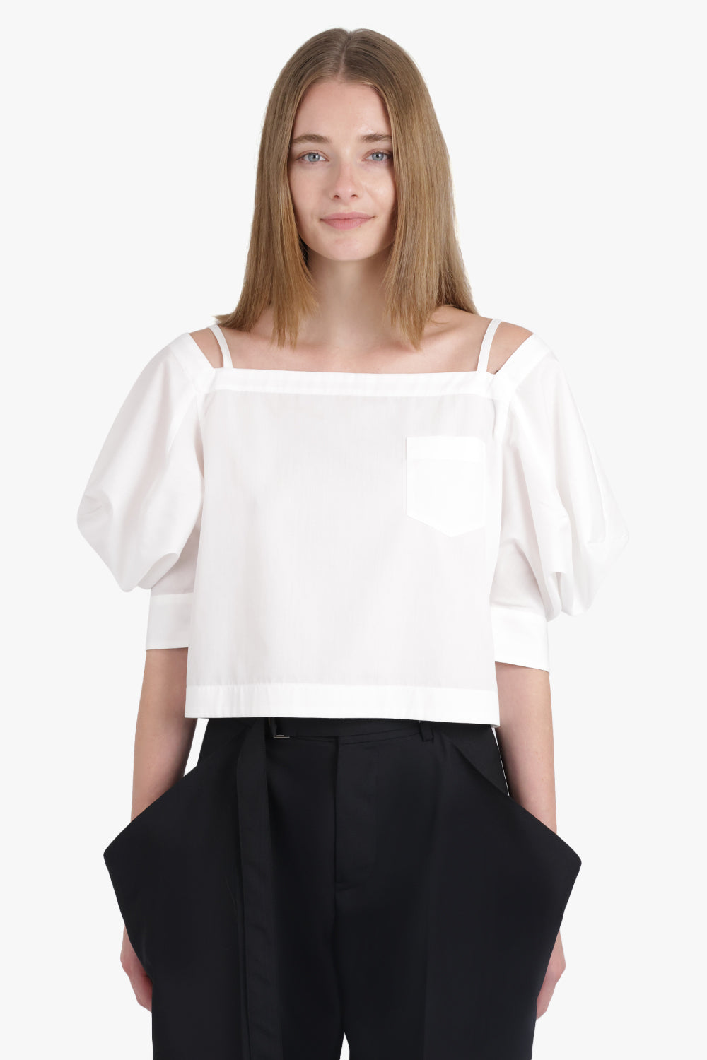 SACAI RTW Off Shoulder Top With Exaggerated Wing Sleeve | Off White