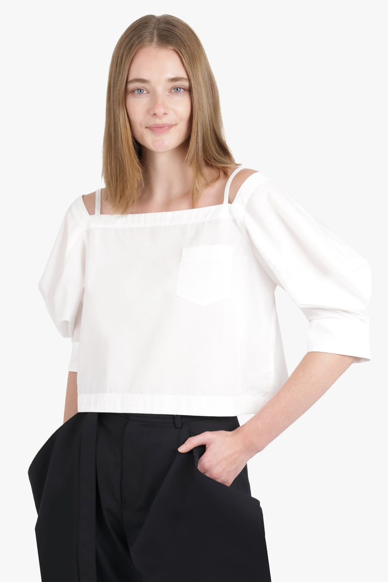 SACAI RTW Off Shoulder Top With Exaggerated Wing Sleeve | Off White