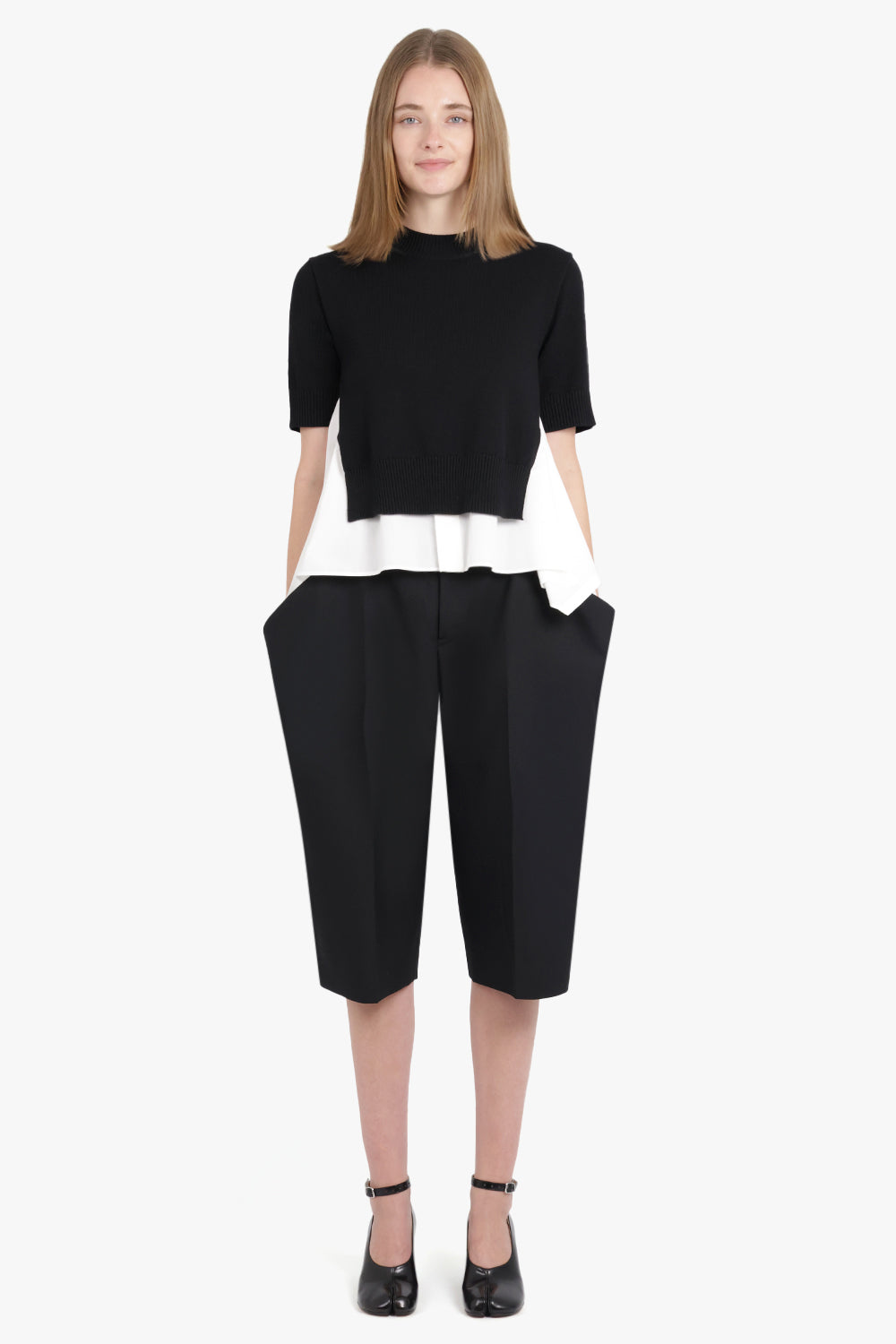 SACAI RTW S/S Knit X Shirt Style Top | Black/Off White