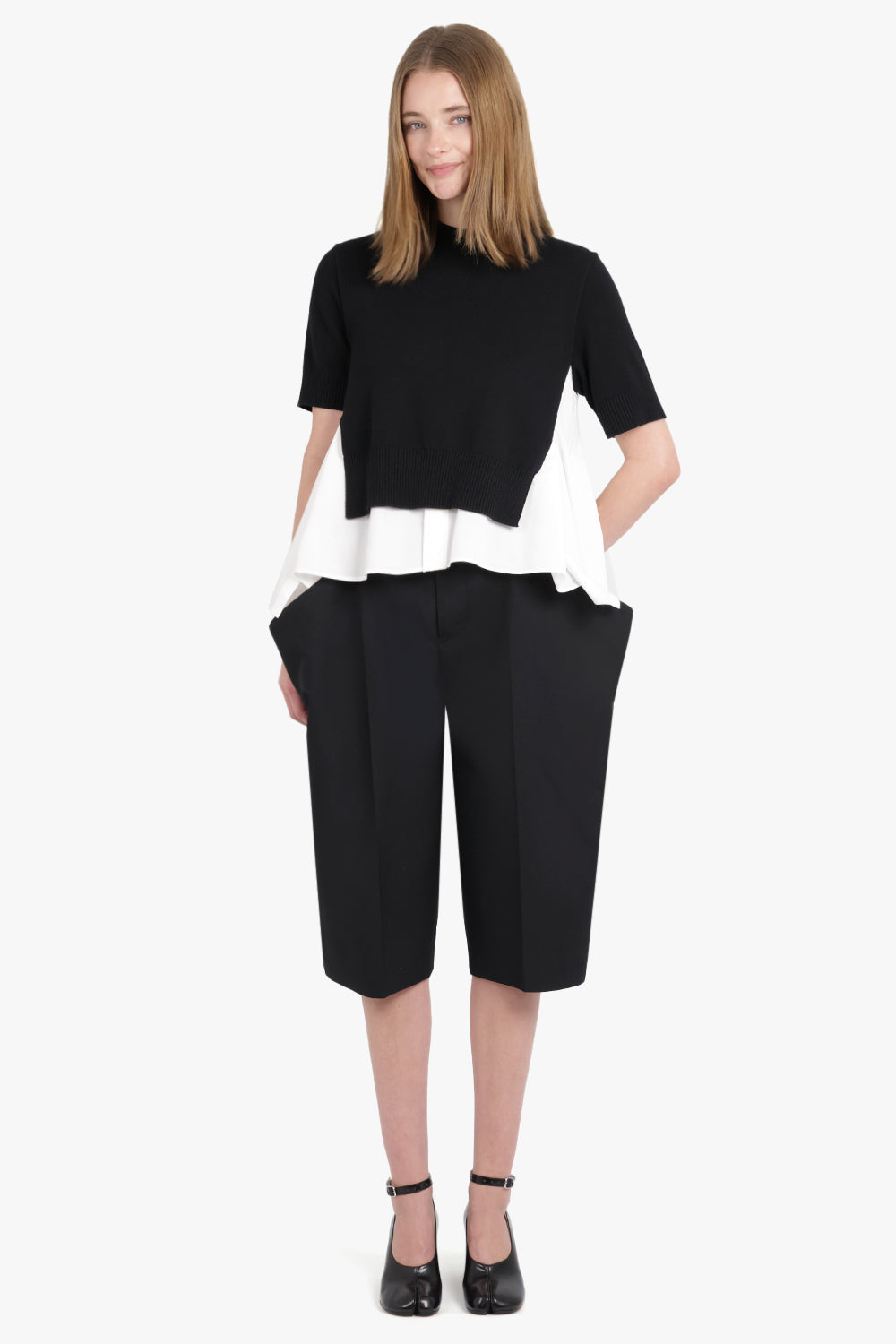 SACAI RTW S/S Knit X Shirt Style Top | Black/Off White