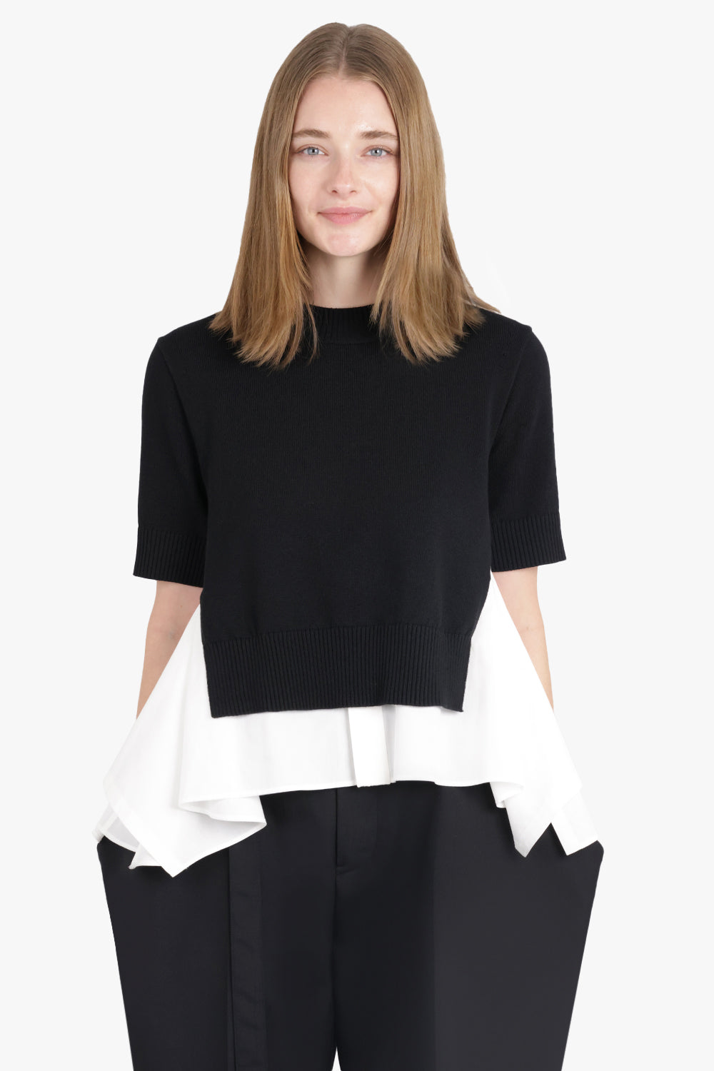 SACAI RTW S/S Knit X Shirt Style Top | Black/Off White