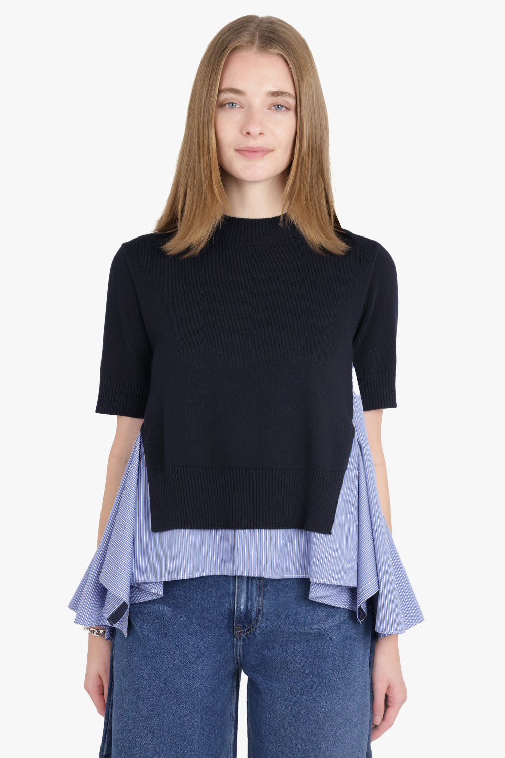 SACAI RTW S/S Knit X Stripe Shirt Style Top | Navy/Blue