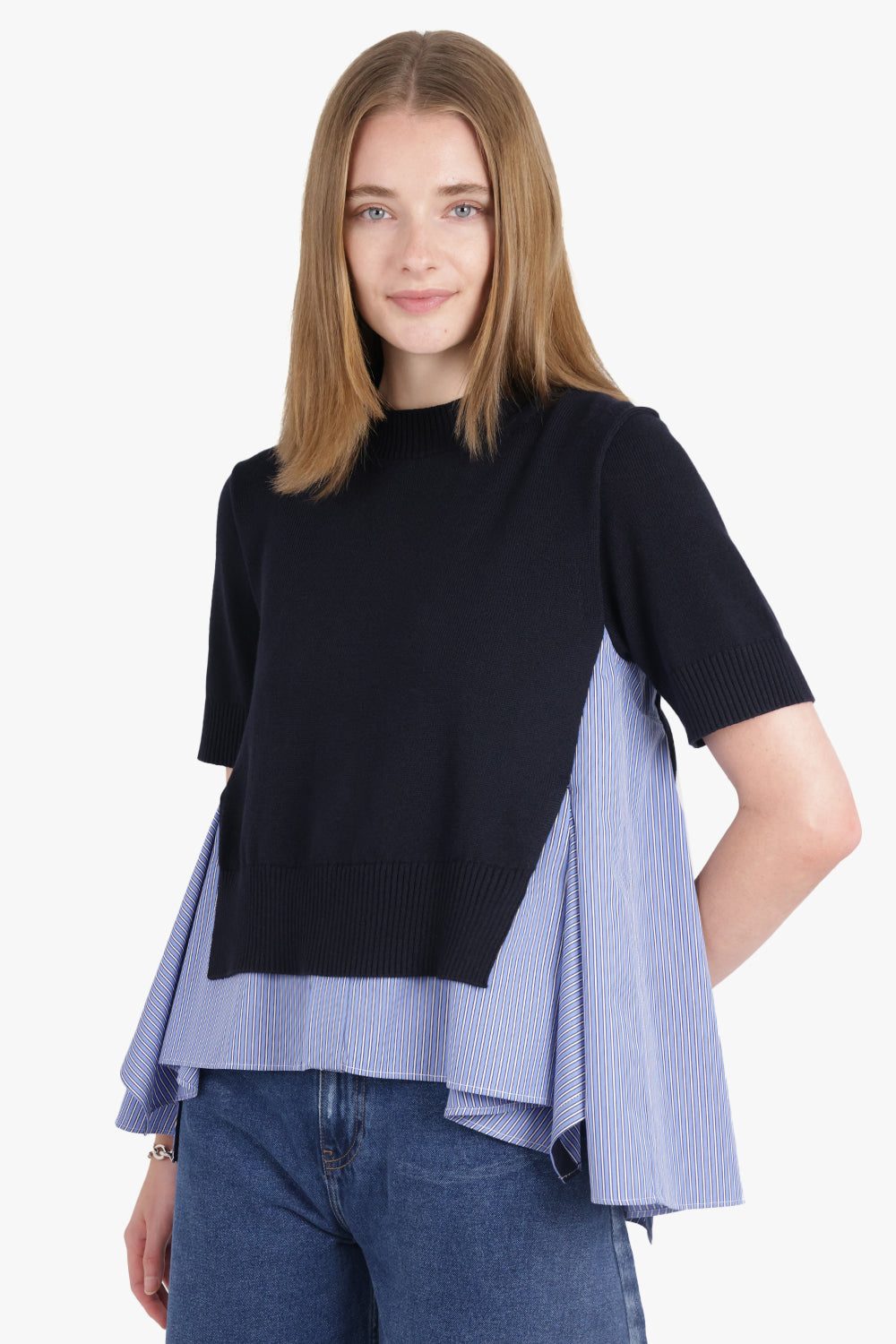 SACAI RTW S/S Knit X Stripe Shirt Style Top | Navy/Blue