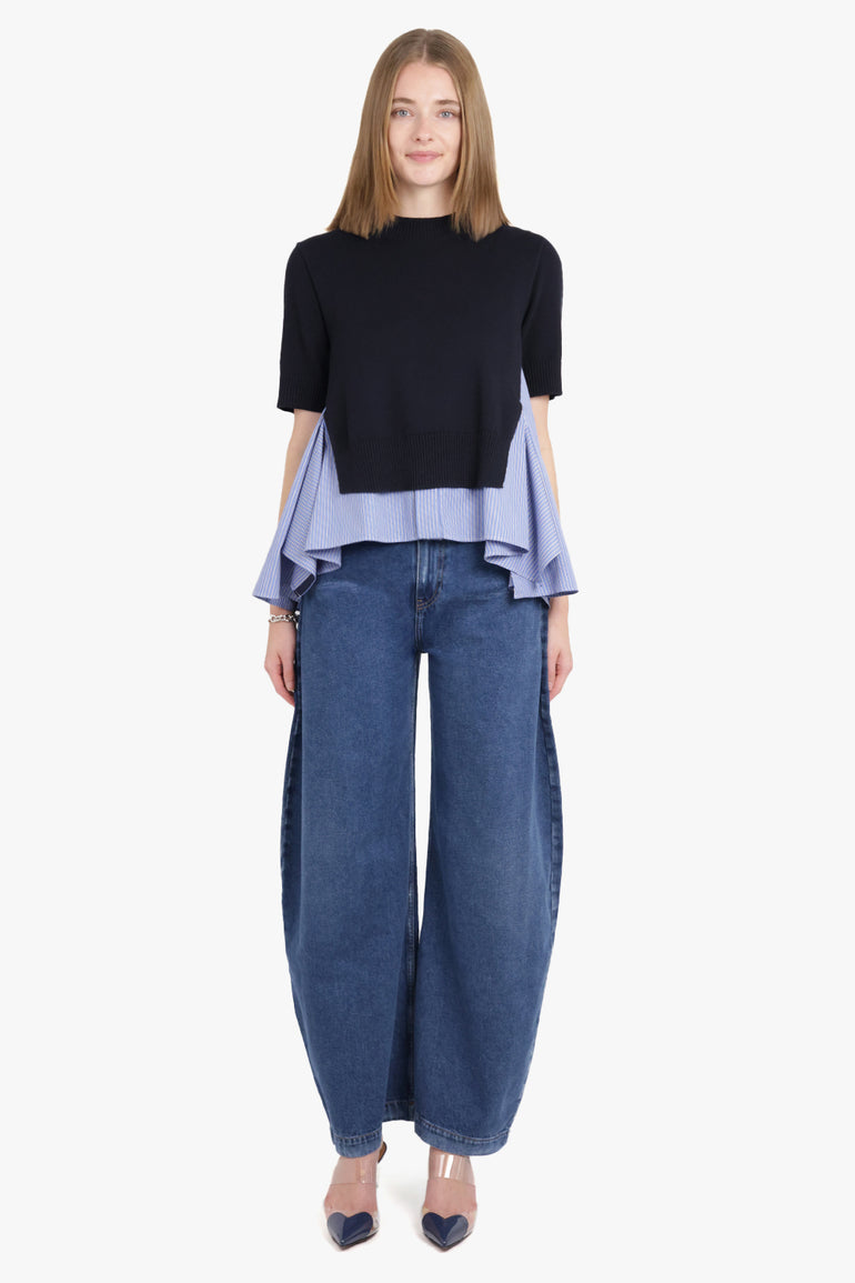 SACAI RTW S/S Knit X Stripe Shirt Style Top | Navy/Blue