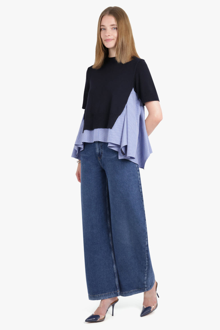 SACAI RTW S/S Knit X Stripe Shirt Style Top | Navy/Blue