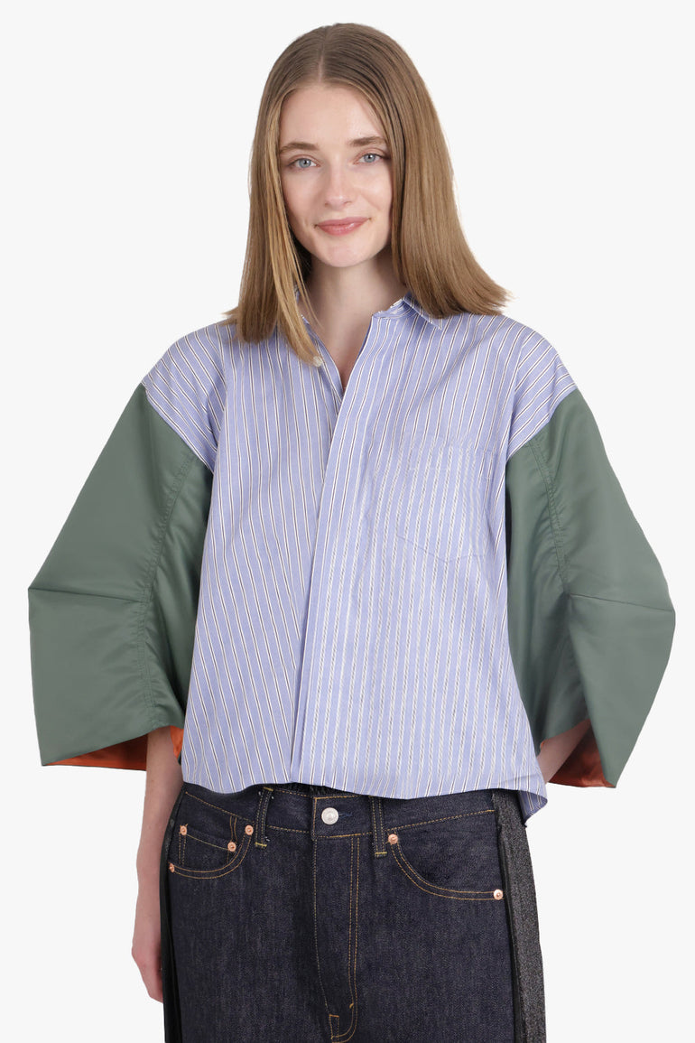 SACAI RTW Contrast Balloon L/S Cropped Stripe Shirt | Blue/Khaki