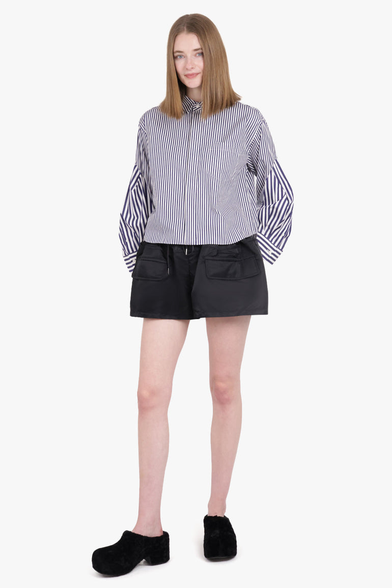 SACAI RTW Crop Stripe Shirt with Balloon Sleeve Detail | Navy/White