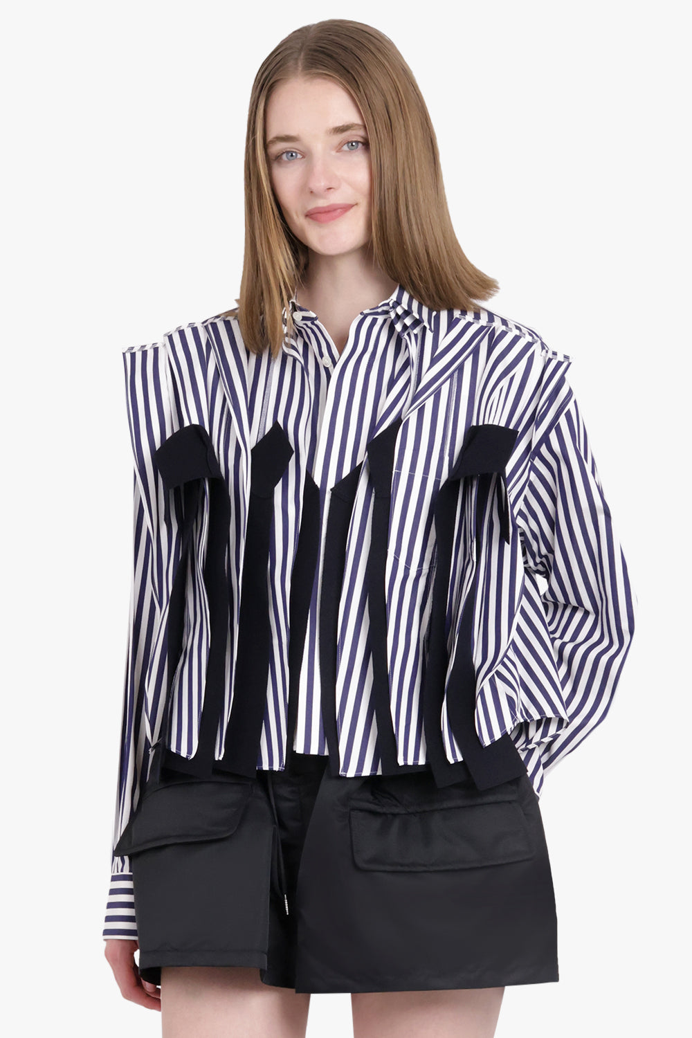 SACAI RTW Cropped L/S Attached Panel Print Shirt | Navy/White