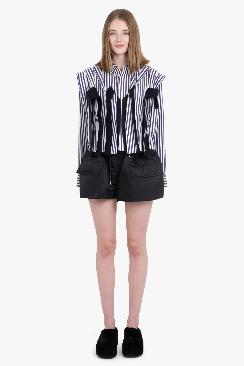 SACAI RTW Cropped L/S Attached Panel Print Shirt | Navy/White