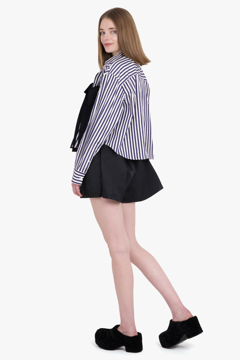 SACAI RTW Cropped L/S Attached Panel Print Shirt | Navy/White