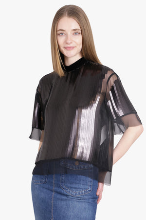 SACAI RTW High Neck S/S Sequin Overlay Top | Black