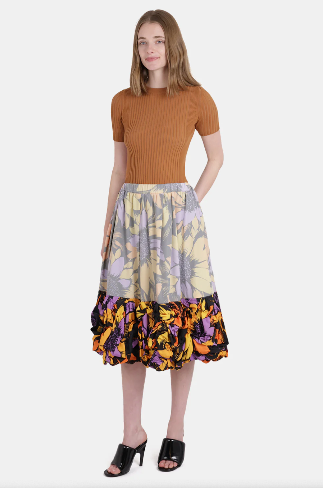 COMME DES GARCONS RTW Contrast Detail Floral Print Midi Skirt with Ruffle Hem | Multi