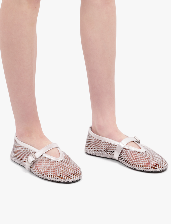 ALAIA SHOES Fishnet Mesh Ballet Flat | Silver