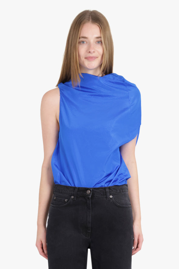 THE ROW RTW Aria Asymmetric Shoulder Detail Sleeveless Top | Blue