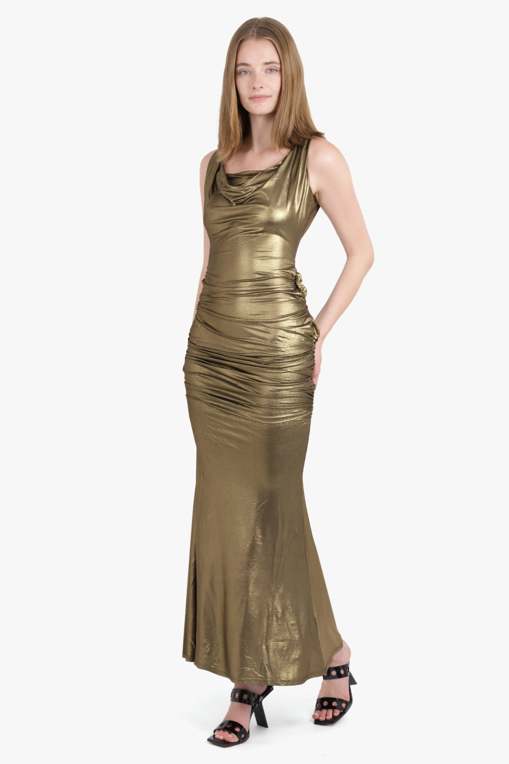 VIVIENNE WESTWOOD RTW Liz Wet Look S/Less Ruched Maxi Dress | Gold