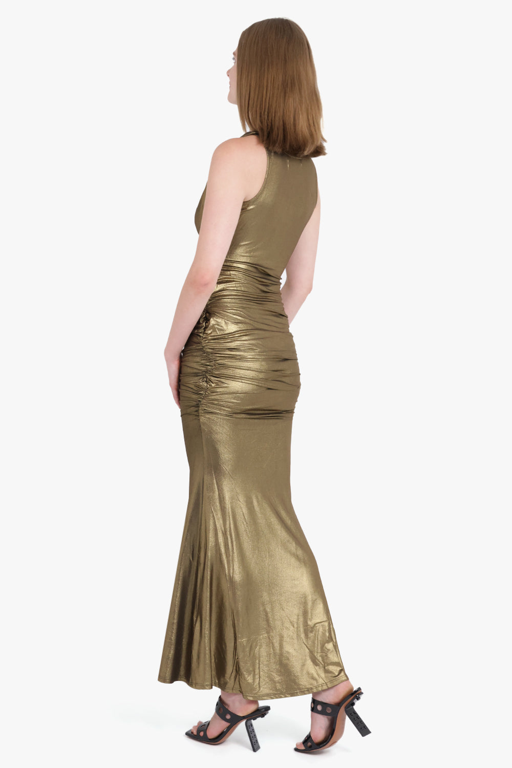 VIVIENNE WESTWOOD RTW Liz Wet Look S/Less Ruched Maxi Dress | Gold