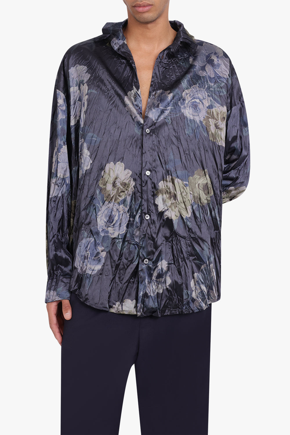 Floral Print Crinkle Satin Shirt | Navy