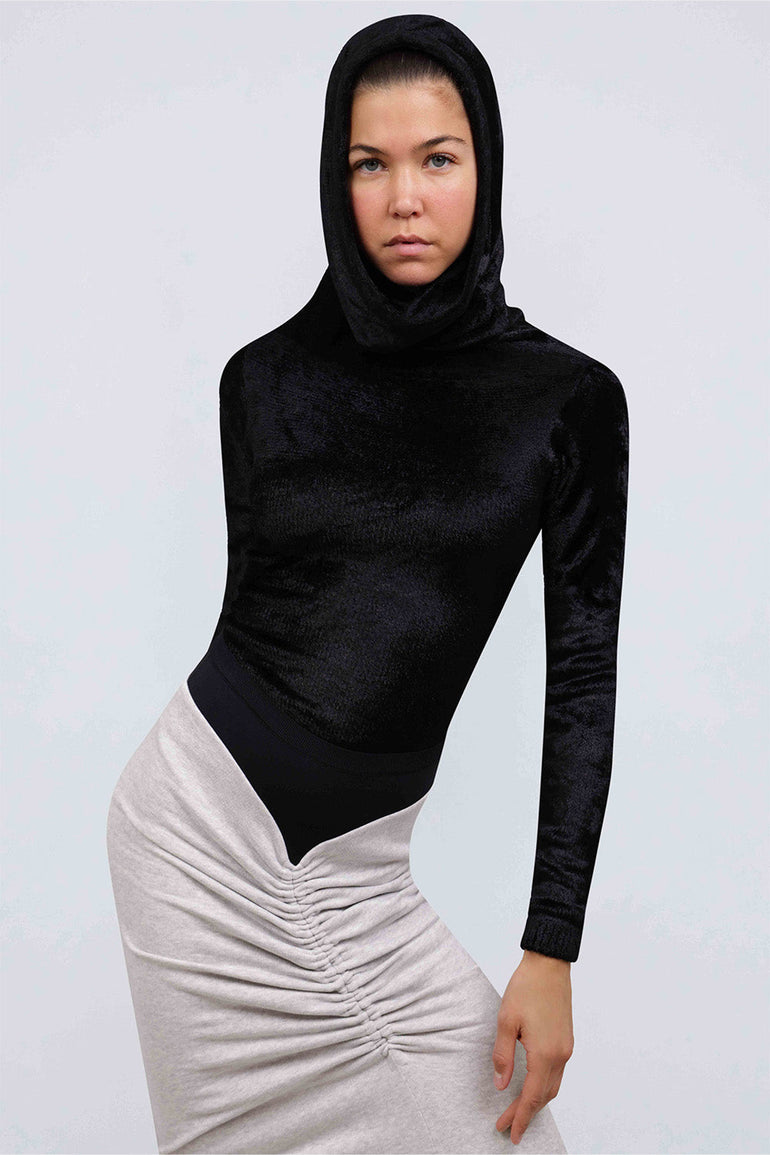 ALAIA RTW Shiny Velvet Hood Top | Black