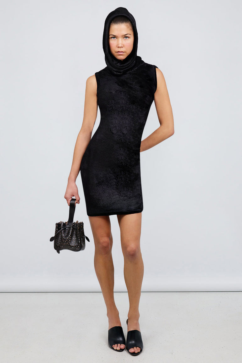 ALAIA RTW Shiny Velvet Mini Hood Dress | Black