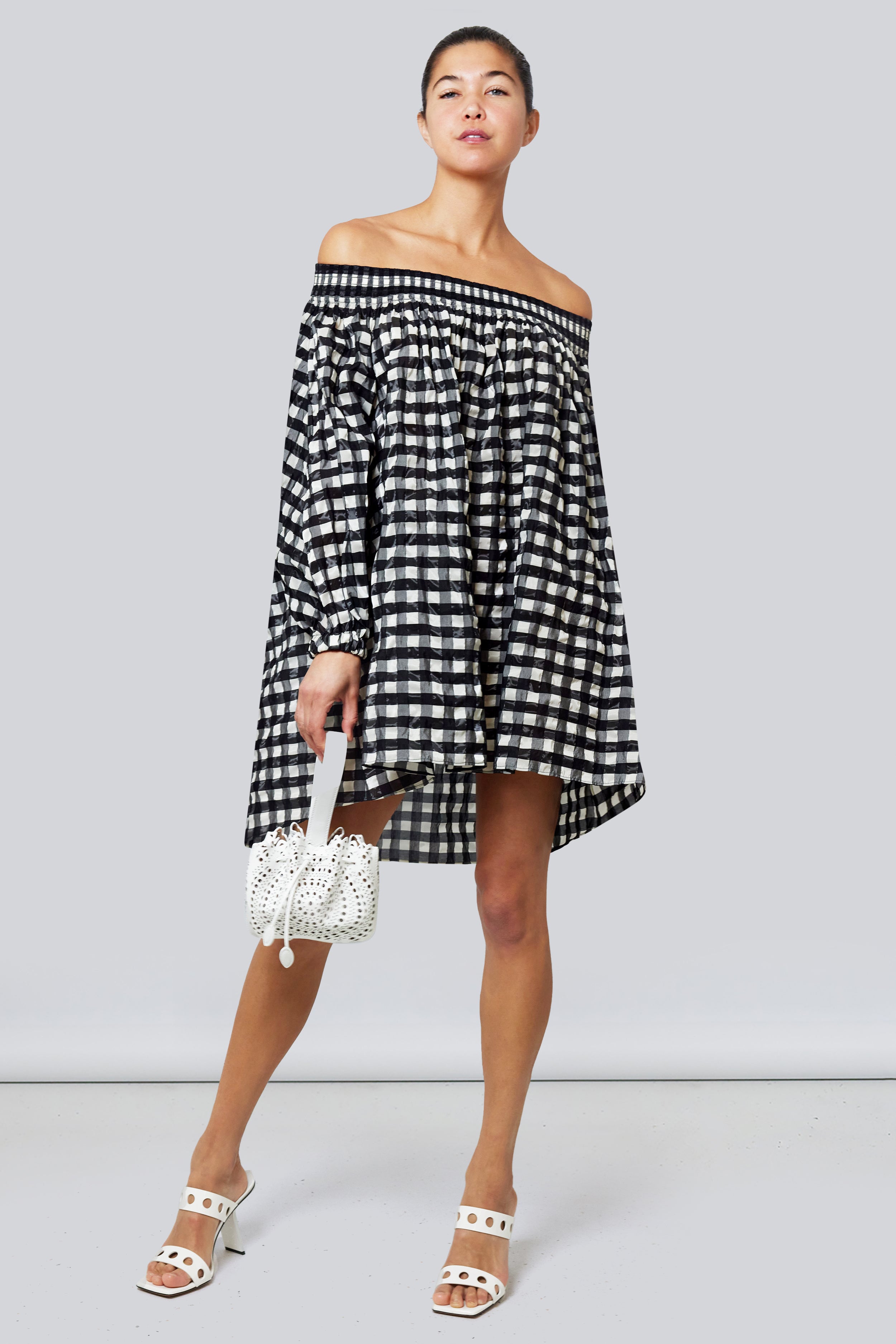 ALAIA RTW Vichy Off-Shoulder Mini Dress | Black Check