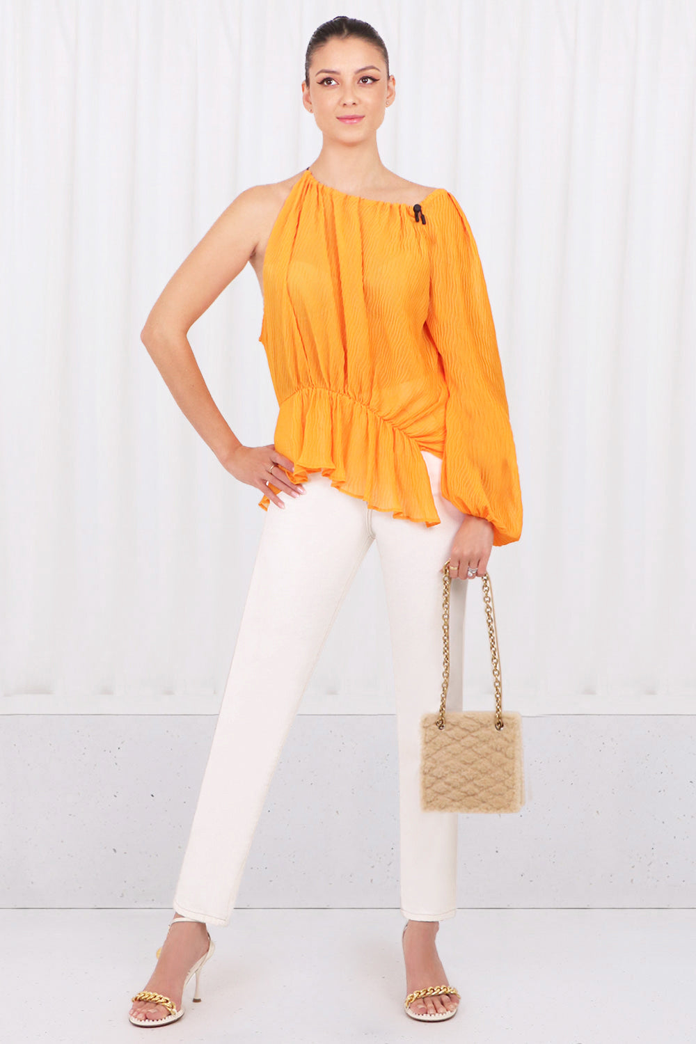 BROGGER RTW LARA RUCHED ONE SLEEVE TOP | CLEMENTINE ORANGE