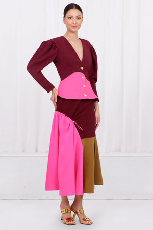 BROGGER RTW MAISIE CONTRASTING PANELS STRETCH-WOVEN SKIRT | BURGUNDY/PINK/BROWN