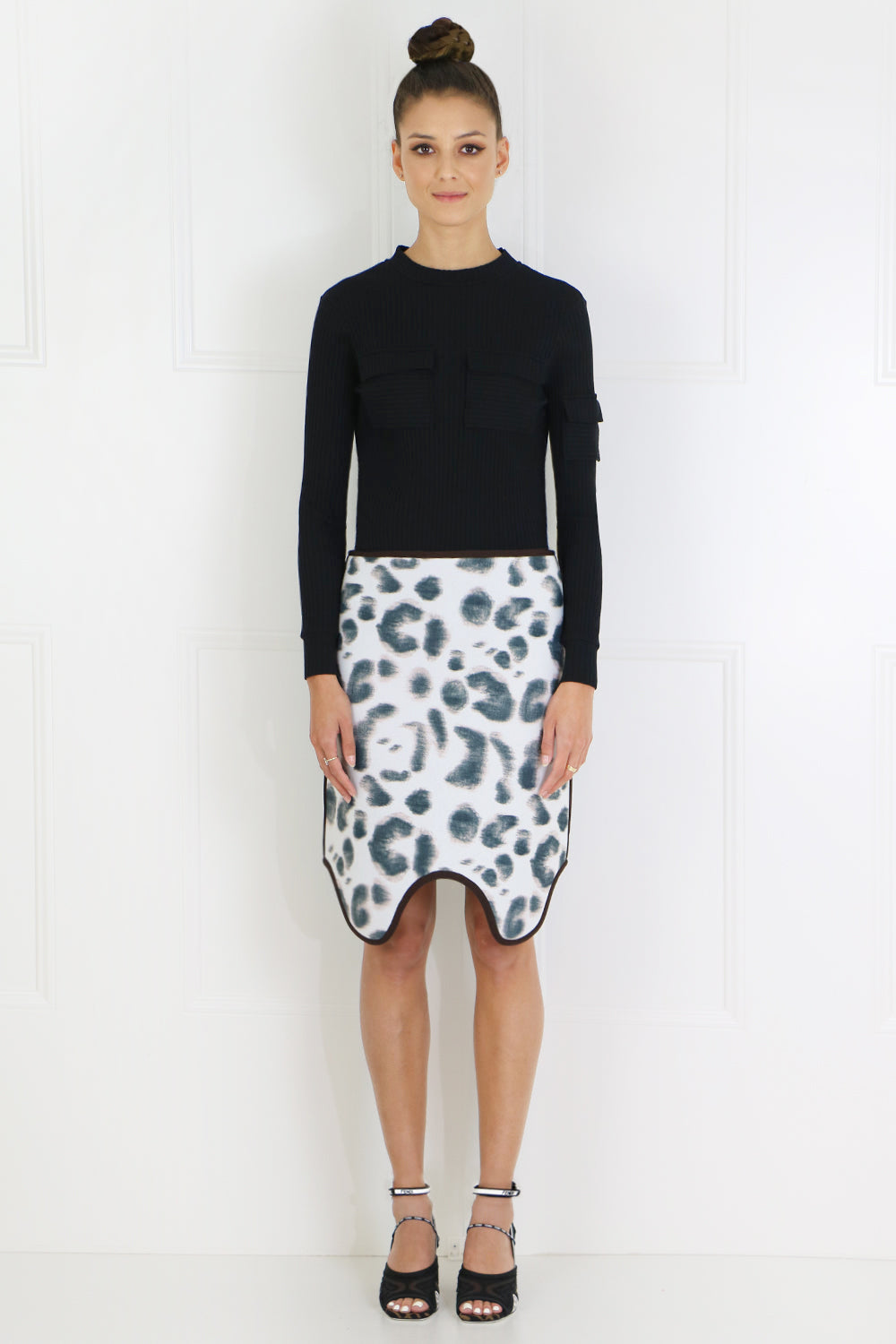 CALVIN KLEIN RTW NEOPRENE ASYMMETRIC SKIRT | FADED LEOPARD