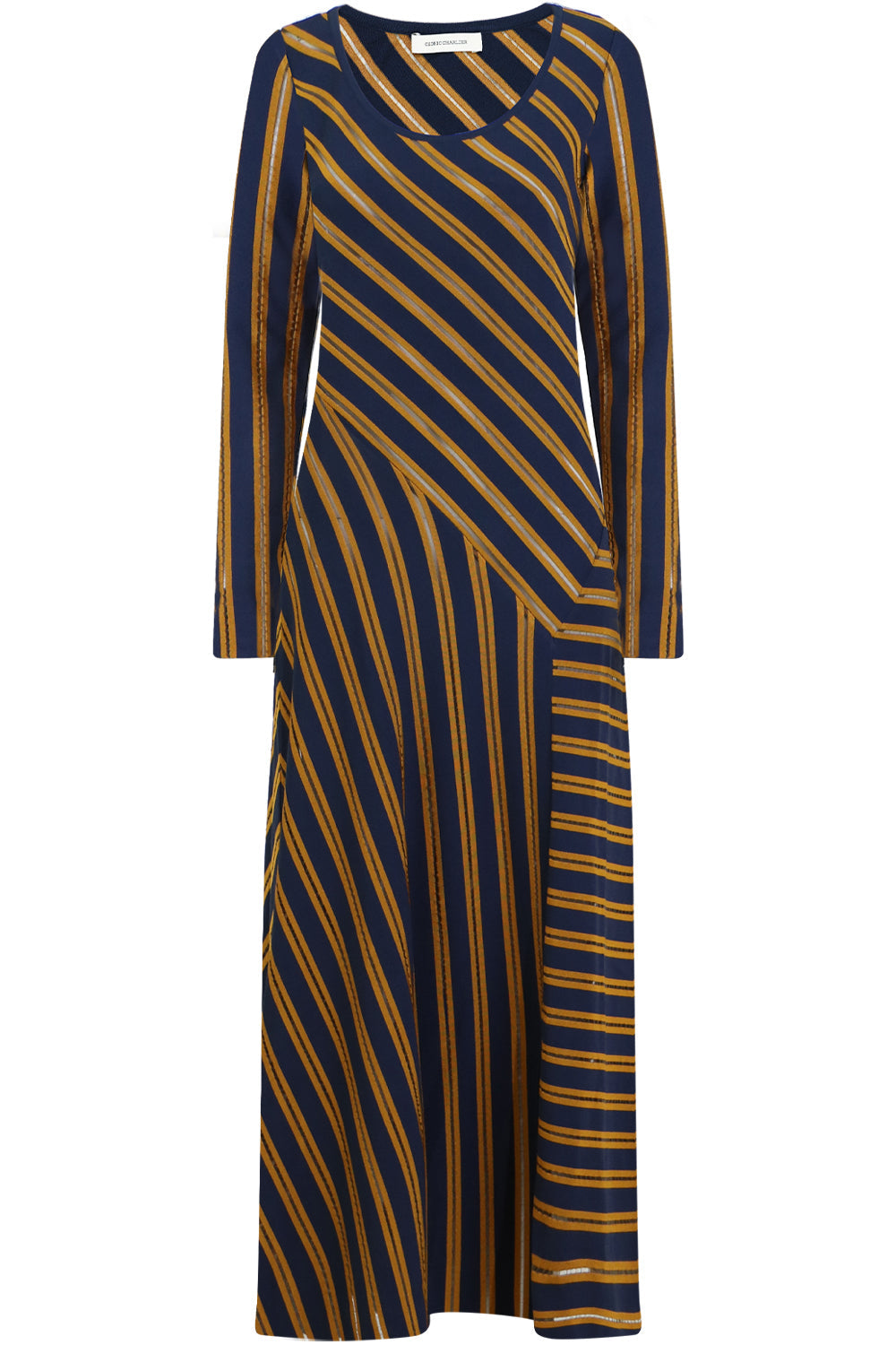 STRIPE MIDI DRESS L S NAVY MUSTARD