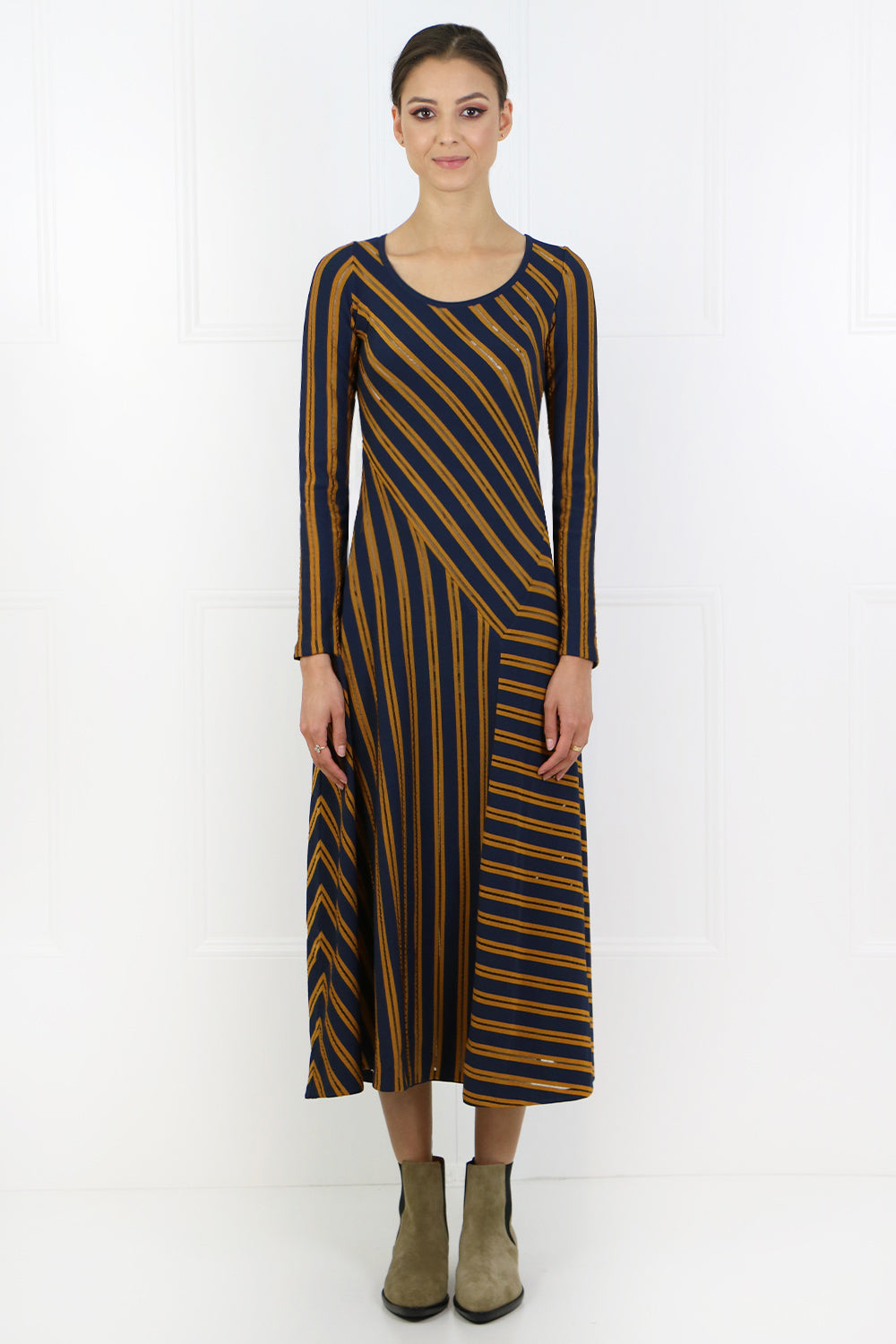 STRIPE MIDI DRESS L S NAVY MUSTARD