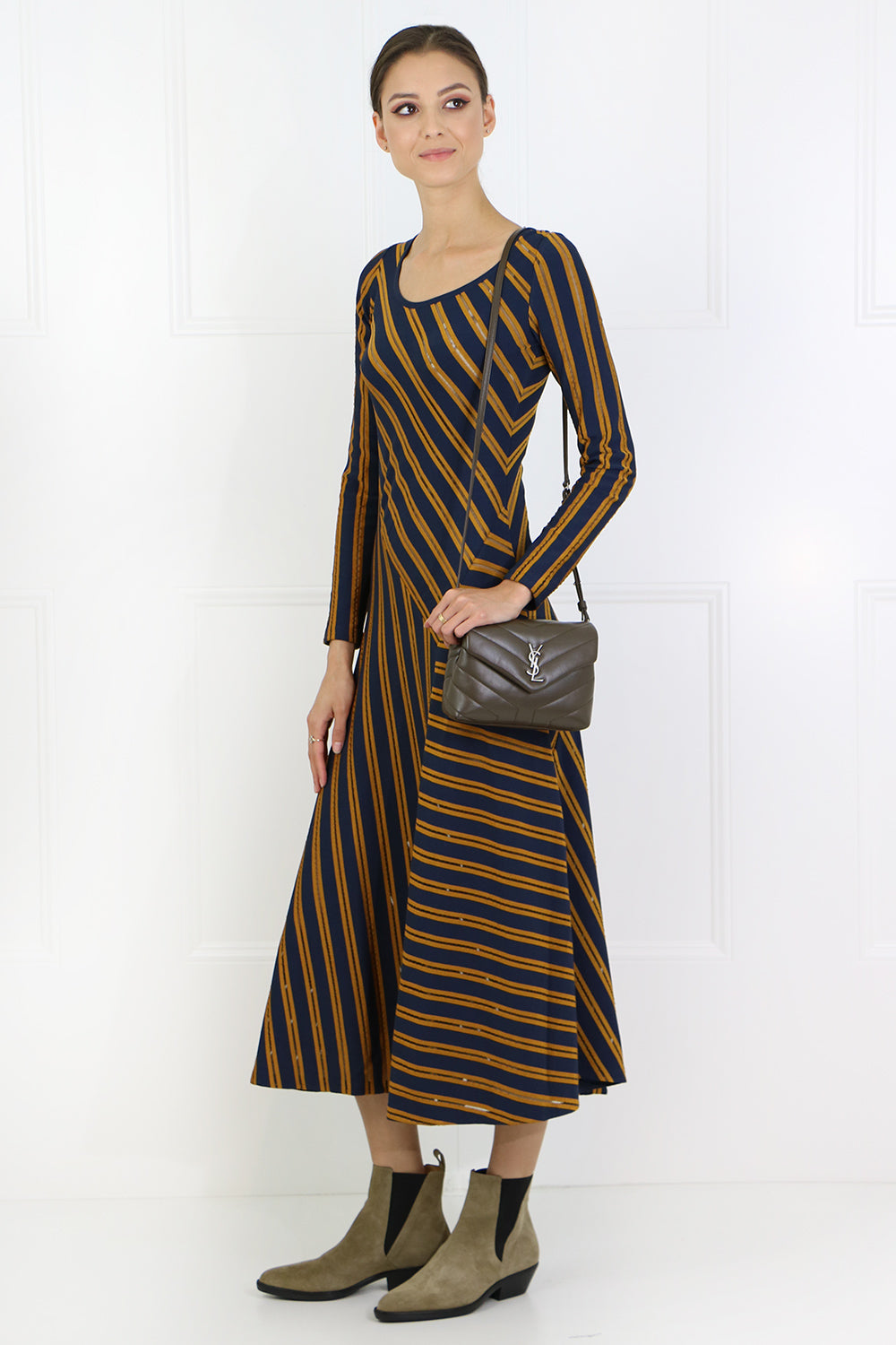 STRIPE MIDI DRESS L S NAVY MUSTARD