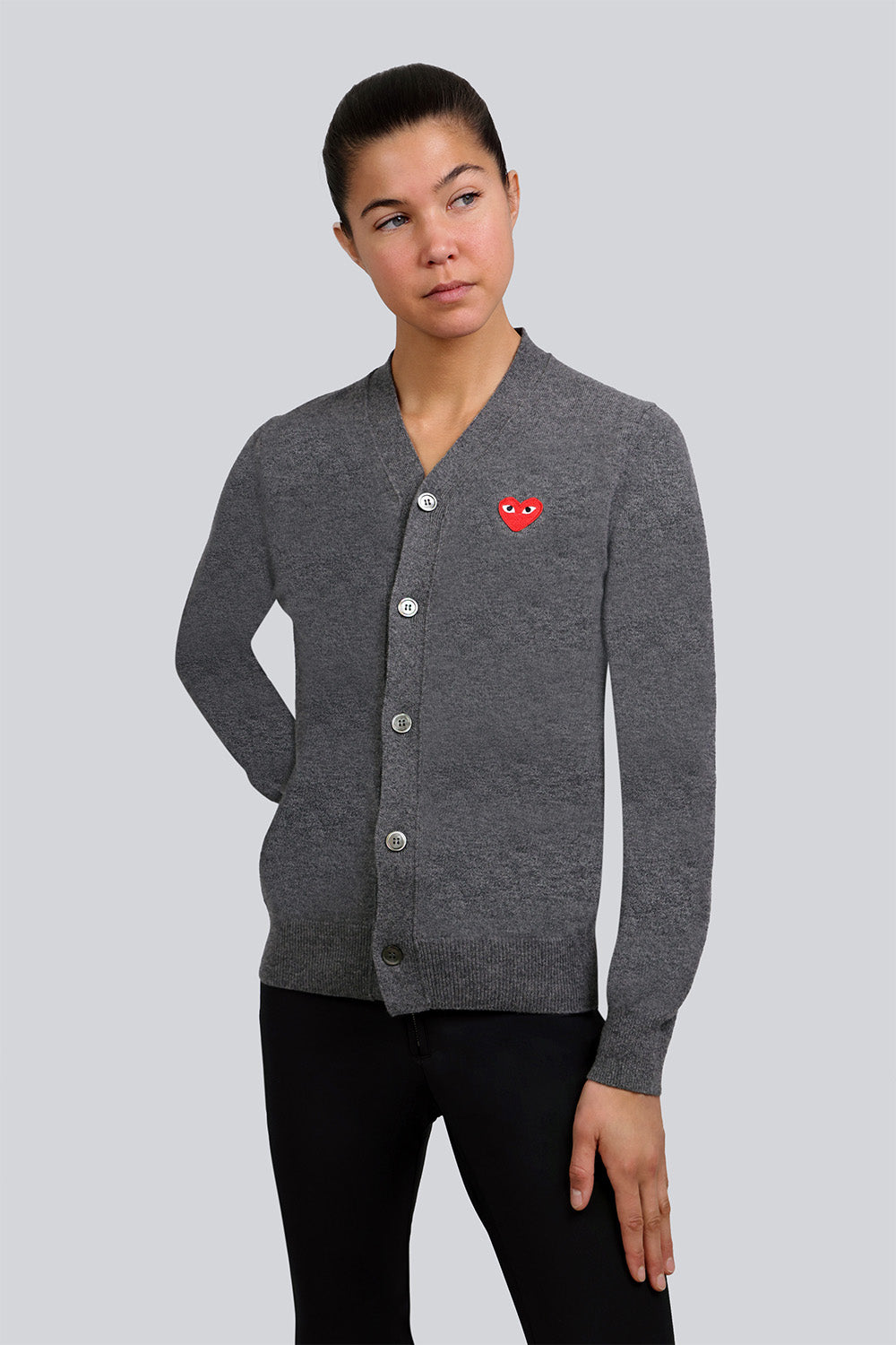 COMME DES GARCONS PLAY MENS V NECK CARDIGAN GREY RED HEART PARLOUR X Parlour X