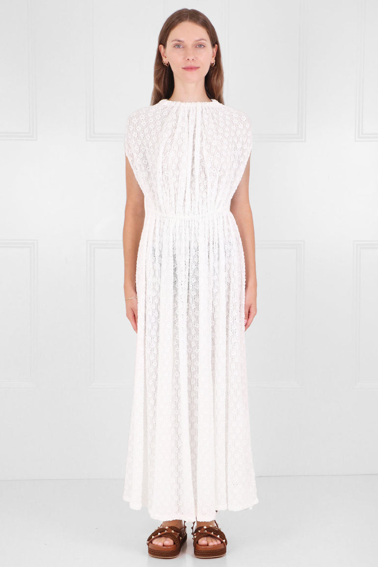 JIL SANDER RTW CAP SLEEVE EMBROIDERED LACE DRESS | WHITE