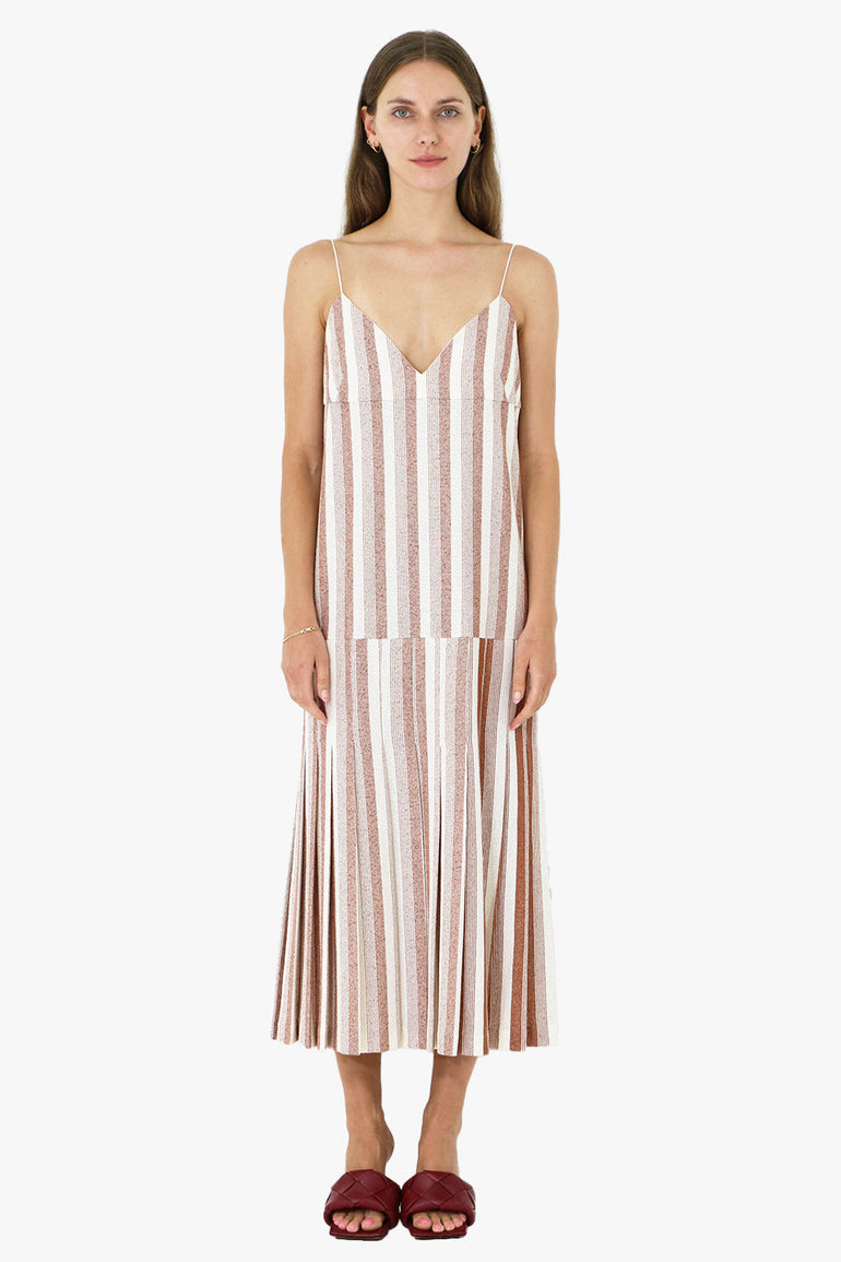 JIL SANDER RTW STRIPED SLIP DRESS WITH BOTTOM PLEAT | BRICK