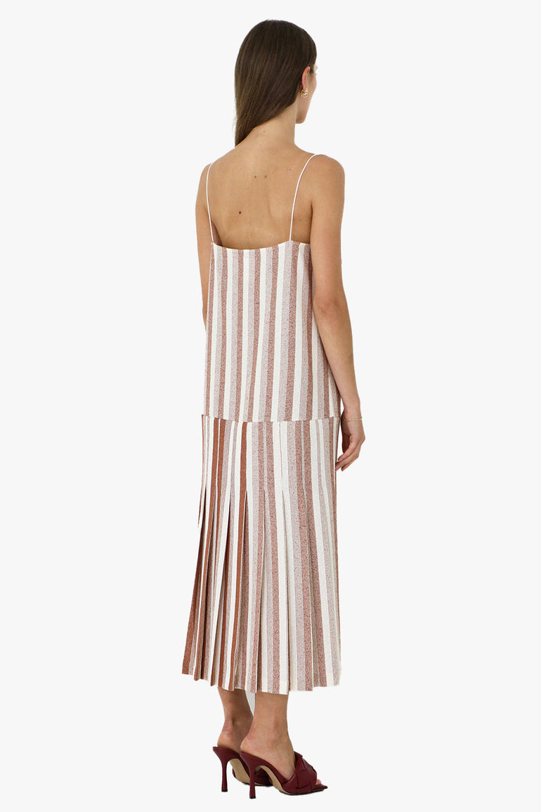 JIL SANDER RTW STRIPED SLIP DRESS WITH BOTTOM PLEAT | BRICK