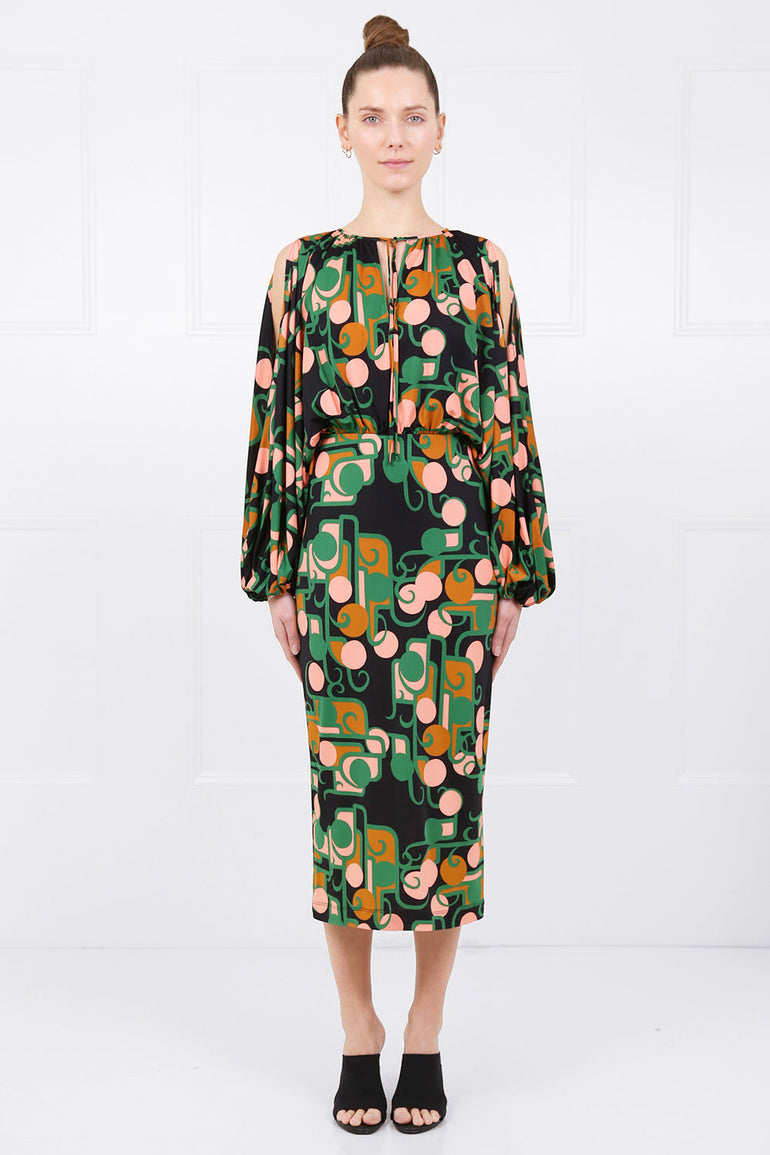 LA DOUBLEJ RTW DECO PRINT APHRODITE DRESS | GREEN