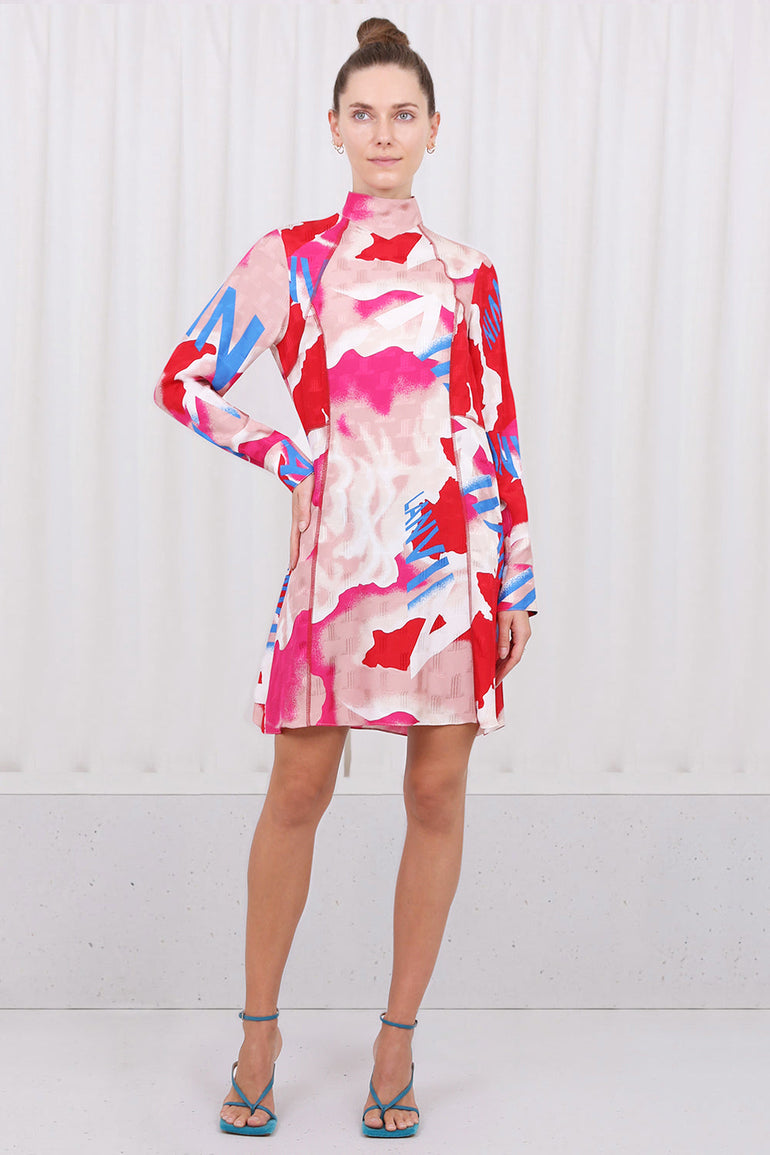 LANVIN RTW LOGO PRINT SILK DRESS | BRIGHT RED/PINK