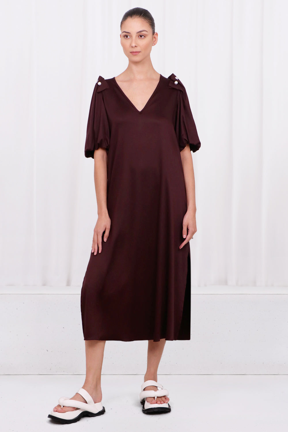 MOTHER OF PEARL RTW LOUELLA  MIDI DRESS WITH PEARL SLEEVE | PLUM