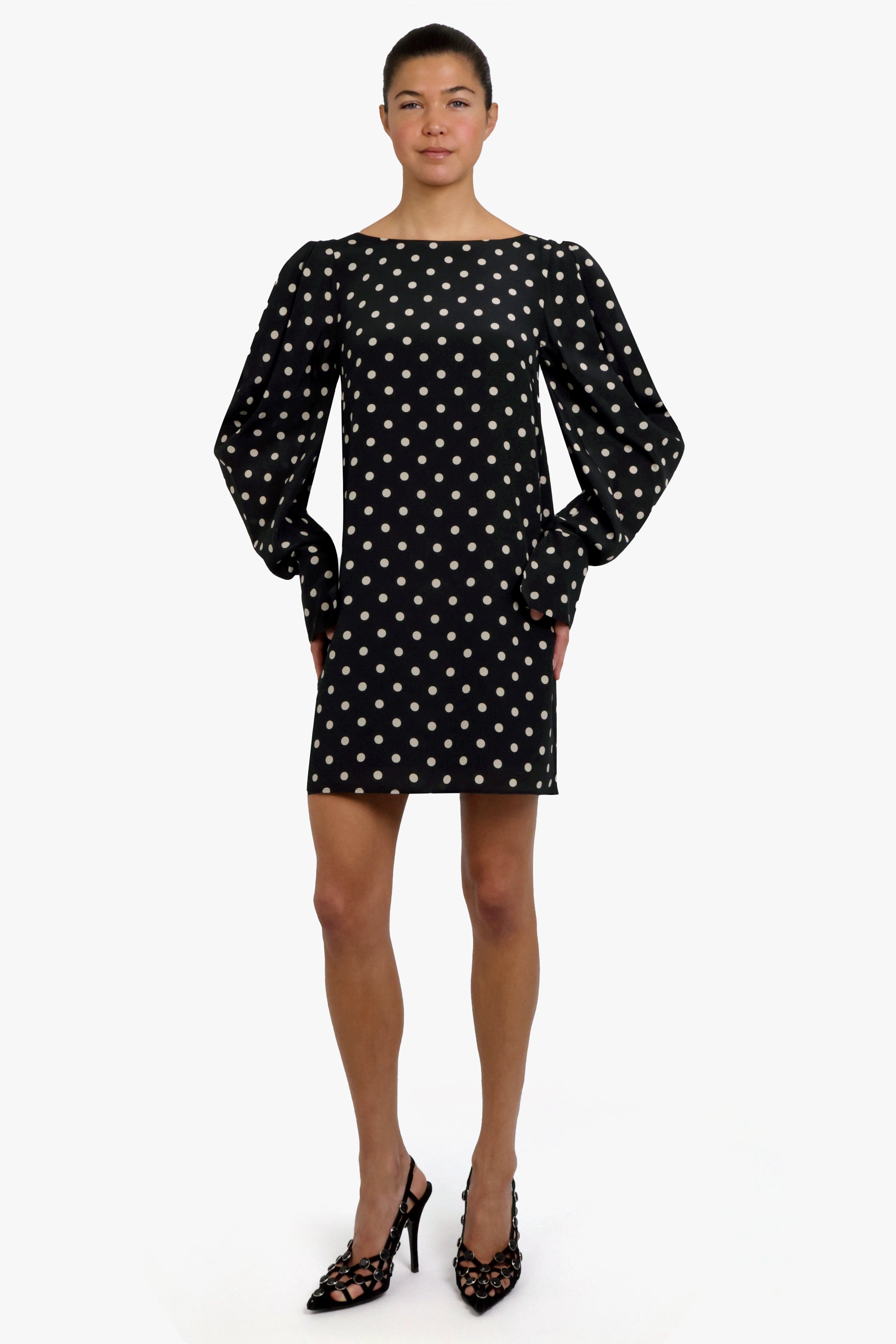 Crepe De Chine Mini Polka Dot Puff Sleeve Dress | Black/White