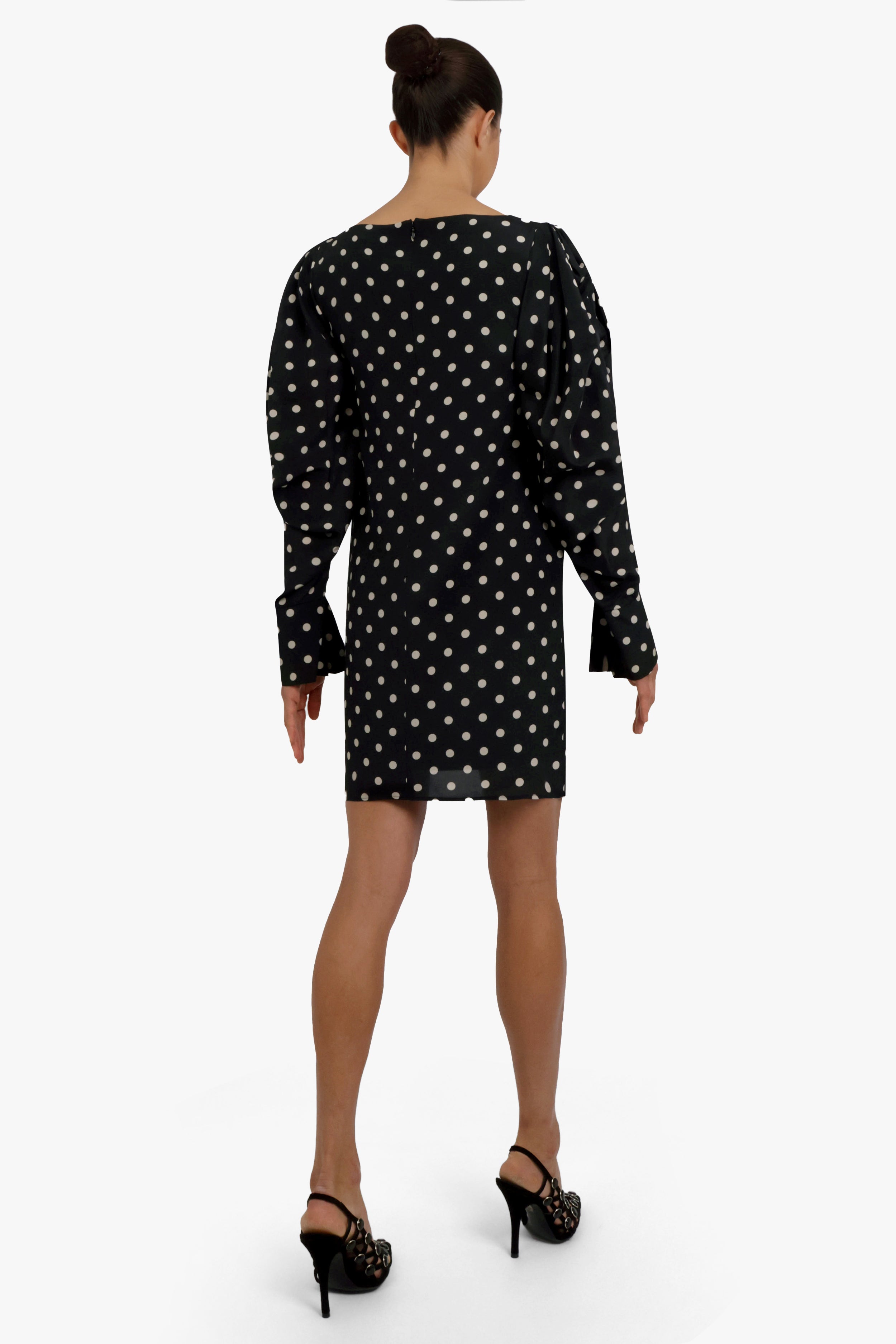 Crepe De Chine Mini Polka Dot Puff Sleeve Dress | Black/White